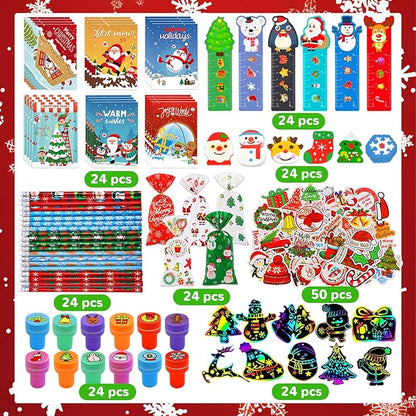 Bluegogo 218Pcs Christmas Party Favors for Kids, Christmas School Stationery Set Christmas Goodie Bags Christmas Toys Bulk Classroom Prizes Christmas Stationery Kit for Party Gift Fillers