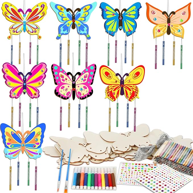 16 Pack Butterfly Wind Chime Kits Butterfly Crafts for Kids Make Your Own Butterfly Wind Chime Wooden DIY Arts and Crafts for Spring Summer Party School Classroom Decorations Supplies Birthday Favors