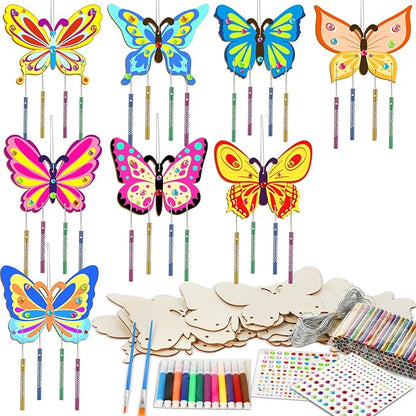 16 Pack Butterfly Wind Chime Kits Butterfly Crafts for Kids Make Your Own Butterfly Wind Chime Wooden DIY Arts and Crafts for Spring Summer Party School Classroom Decorations Supplies Birthday Favors