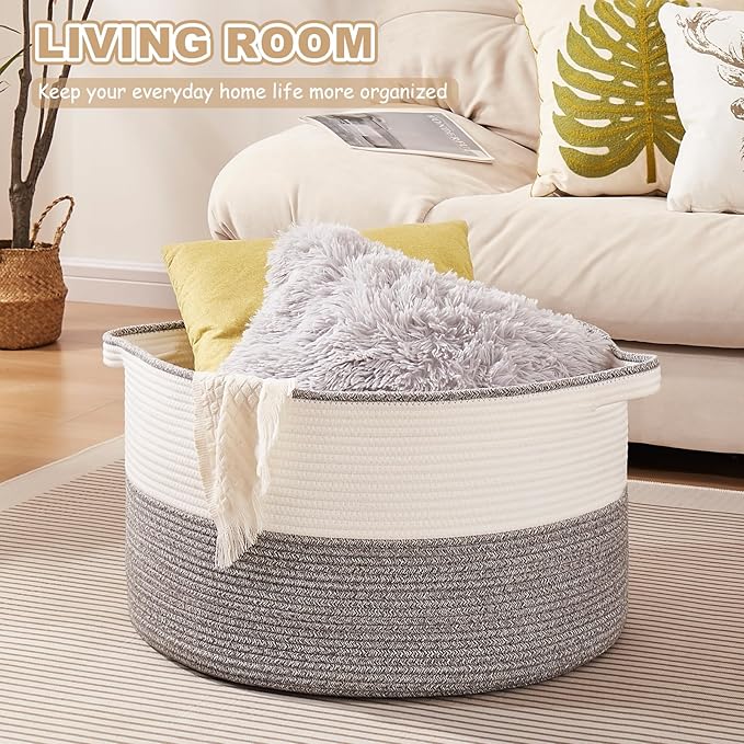 OIASKET Large Blanket Basket with Handles, 22.8" x 22.8" x 13" Woven Storage Basket for Living Room, Cotton Rope Baby Toy Storage for Clothes, Pillows, Towels-Grey and White