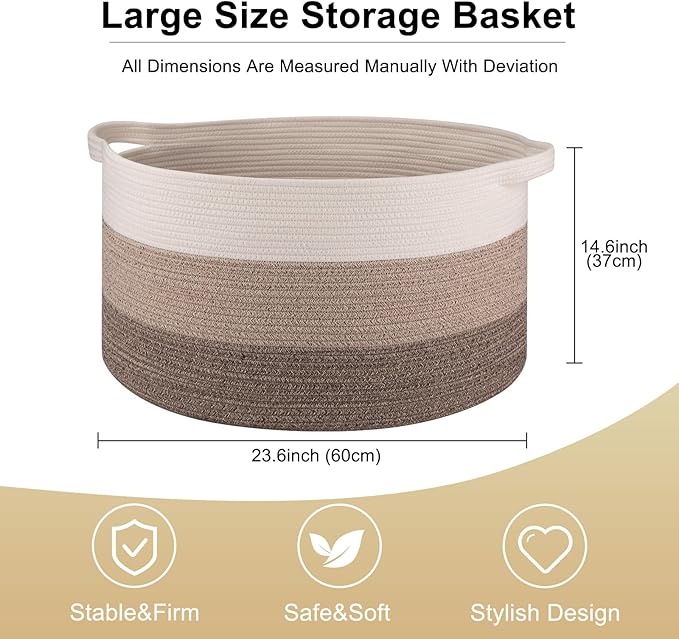 OIAHOMY 105L Blanket Basket for Living Room, Large Basket 23.6" x 23.6" x 14.6" with Handle, Laundry Hamper for Blankets, Pillows, Toy Storage for Kids, Dogs - Gradient Brown