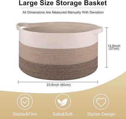 OIAHOMY 105L Blanket Basket for Living Room, Large Basket 23.6" x 23.6" x 14.6" with Handle, Laundry Hamper for Blankets, Pillows, Toy Storage for Kids, Dogs - Gradient Brown