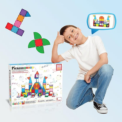PicassoTiles 353pcsMagnetic Brick Tile and Magnetic Tile Combo Set, Action Figures Included, Building Blocks STEM Toys, Educational Montessori Preschool Toddler Classroom Learning Toys, Kids Activity