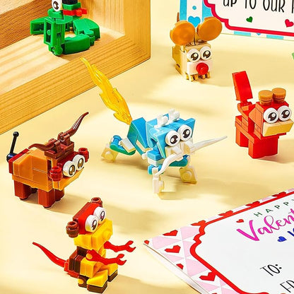 24 Pack Valentines Day Gifts for Kids 8-12, Animal Building Blocks Kit with Gift Cards for Kids School Classroom, Valentines Party Favors Exchange for Boy Girl, Kid Basket Stuffers Fillers Toy