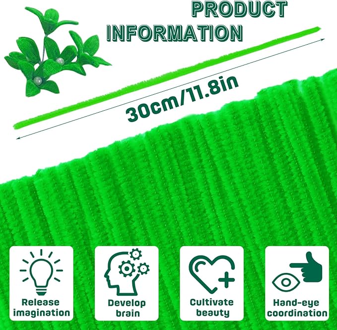 180 Pieces Pipe Cleaners Chenille Stem, Craft Pipe Cleaners, 11.8inch Christmas Pipe Cleaners Chenille Stems for DIY Art Crafts Decorations Supplies (Light Green)