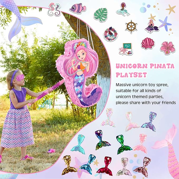 Wettarn 90 Pieces Mermaid Party Favors Includes Piñata Bundle 16 x 12 x 3 Inch, Mermaid Hairpin Slap Bracelets Rings Stickers for Kids Girls Mermaid Birthday Party Supplies Mermaid Goodie Bag Fillers