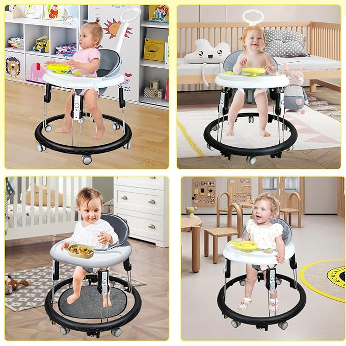 Foldable Baby Walker for Boys and Girls, 5-in-1 Baby Walker with Wheels, Adjustable Height Toddler Activity Walker with Music Tray, Detachable Seat and Mute Anti-Rollover Baby Walkers for 8-24 Months