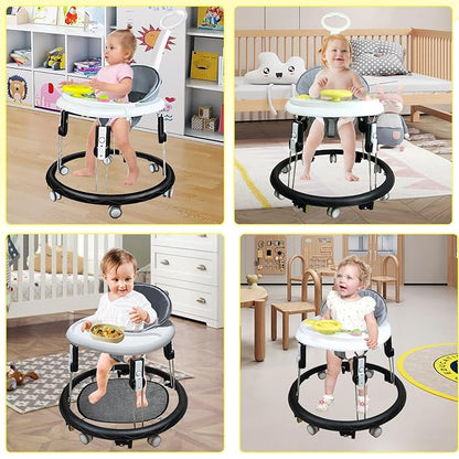 Foldable Baby Walker for Boys and Girls, 5-in-1 Baby Walker with Wheels, Adjustable Height Toddler Activity Walker with Music Tray, Detachable Seat and Mute Anti-Rollover Baby Walkers for 8-24 Months