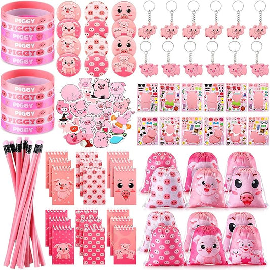 Nezyo 140 Pcs Pig Party Favors for Kids Include Pig Goodie Bags Bracelets Badges Keychains Spiral Notepads Pink Pencils and DIY Stickers for Girls Boys Birthday Baby Shower Pig Party Supplies
