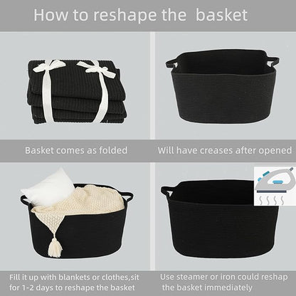 XUANGUO Large Rectangle Blankets Basket Living Room 22"x17"x12" Woven Cotton Rope Storage Baskets for Nursery Toy Baskets for Kids and Dogs Wicker Laundry Basket Bin for Clothes Towels black