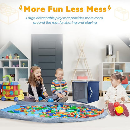 SAM AND MABEL Toy Storage Organizer with Play Mat for Kids – 13" x 13" x 13" Storage Box, Stackable and Foldable Cubby Baskets for Playroom, Nursery Bins for Boys and Girls (Noble Blue)