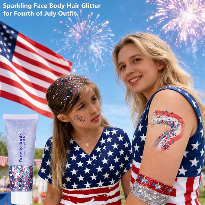 Go Ho Red White and Blue Body Glitter,Patriotic Pride Face Glitter Gel,4th of July Outfits for Women Reflective Glitters Makeup,Holographic Long Lasting Chunky Sequins,Fourth of July USA Accessories
