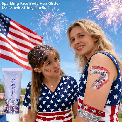 Go Ho Red White and Blue Body Glitter,Patriotic Pride Face Glitter Gel,4th of July Outfits for Women Reflective Glitters Makeup,Holographic Long Lasting Chunky Sequins,Fourth of July USA Accessories