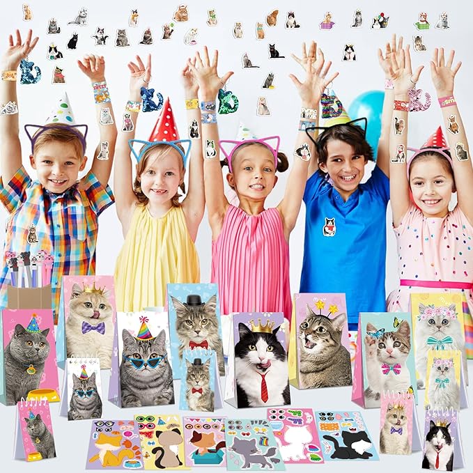 139PCS Cat Party Favors - 12 Cat Stickers 12 Slap Bracelets 12 Cat Ears Headband 12 Cat Animal Mini Notepad 12 Cat Face Pen 12 Cat Keychain 12 Cat Favor Bag 42 cat stickers for Cat Party Supplies