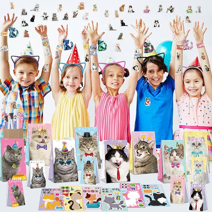 139PCS Cat Party Favors - 12 Cat Stickers 12 Slap Bracelets 12 Cat Ears Headband 12 Cat Animal Mini Notepad 12 Cat Face Pen 12 Cat Keychain 12 Cat Favor Bag 42 cat stickers for Cat Party Supplies