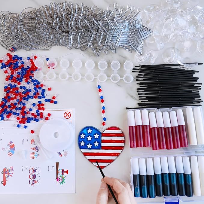 24 Sets Patriotic Suncatcher Ornaments Decoration DIY Window Paint Art Stickers Craft Kit American Heart Star Butterfly Suncatchers for Kids Classroom Patriotic 4th of July Activity Party Art Project