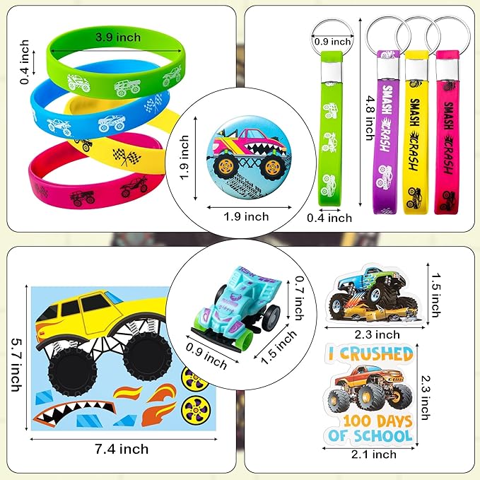 ANGOLIO 110Pcs Monster Truck Party Favors Kits, Favors All-in-One Pack Party Supplies Include Monster Truck Stickers Keychain Bracelet Badge Car Face Stickers for Boys Kids Birthday Party Supplies