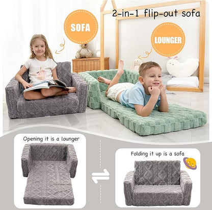 Kids Sofa, Toddler Chair, 2-in-1 Flannel Kids Fold Out Couch, Toddler Convertible Sofa to Lounger, Flip Open Toddler Couch for Kids (Grey)