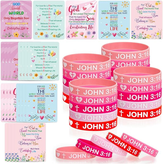 John 3:16 Cards with Bracelets Bible Valentine's Cards Silicone Bracelets for Classroom Party Favors Exchange 25 Packs