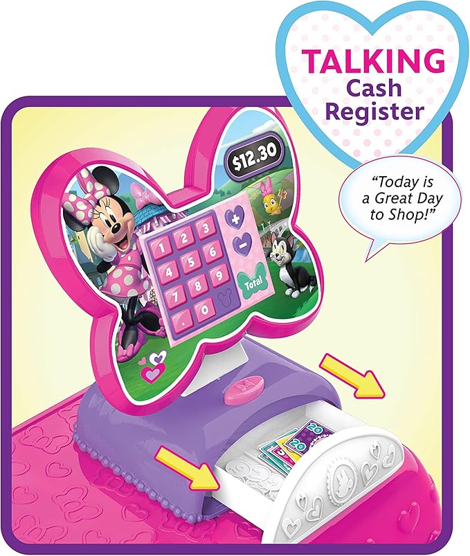 Disney Junior Minnie Mouse Marvelous Market, Pretend Play Cash Register with Realistic Sounds, 38 Play Food Pieces and Accessories, Officially Licensed Kids Toys for Ages 3 Up by Just Play