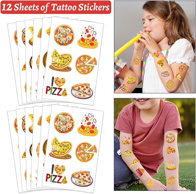 60 Pcs Pizza Party Favors Set Temporary Tattoos, Slap Bracelets, Keychains, Badges and Stickers for Pizza Themed Birthday Parties