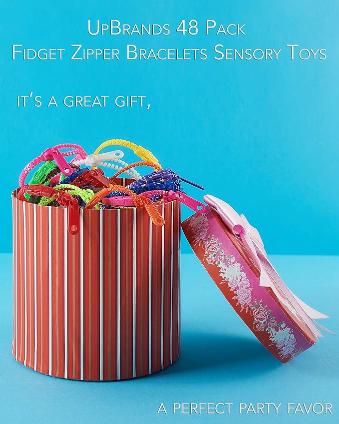 UpBrands 48 Prizes for Kids Zipper Bracelets 7 ½”, Fidget Party Favors for Kids, Sensory Toys Bulk Set, Neon Colors, Birthday Kit, Easter Egg, Treat Bags & Pinata Fillers