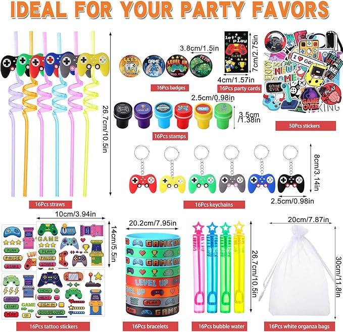 HyDren 194 Pcs Video Game Party Favors Set Include Gift Bags Reusable Straws Bubble Wands Bracelet Keychain Badge Stamps Tattoo Stickers Gift Tags for Kids Birthday Party Supplies