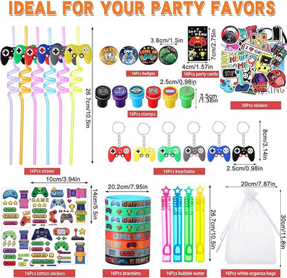 HyDren 194 Pcs Video Game Party Favors Set Include Gift Bags Reusable Straws Bubble Wands Bracelet Keychain Badge Stamps Tattoo Stickers Gift Tags for Kids Birthday Party Supplies