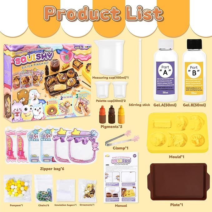 Crelloci Bread Taba Squishy Kit, Silicone DIY Squishy Making Kit with Bread Molds & Decorations, Make Your Own Slow Rising Squishies Stress Relief Toys, Craft Kits Gift for Kids Ages 6+ & Adults