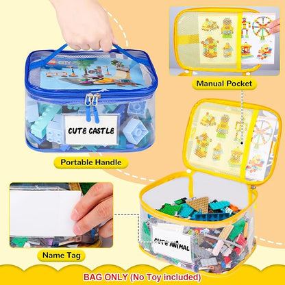 Tesuko 6 Pack Clear Toy Storage Bag with Name Tag& Manual Pocket, Waterproof Transparent PVC Toy Organizer Case for Lego Bricks, Board Games, Building Blocks, Puzzles (Large Capacity, Colorful)