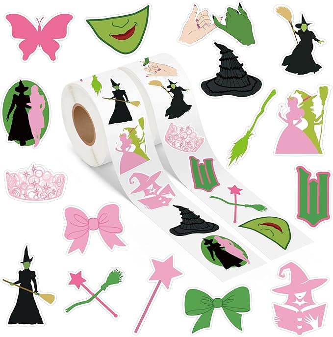 1000Pcs Witch Musical Stickers, Pink Crown Black Hat Green Broom Adhesive Decals for Kids Girls, Wicky Witch TV Movie Merchandise Party Decoration for Birthday Gifts Laptop Guitar Luggage