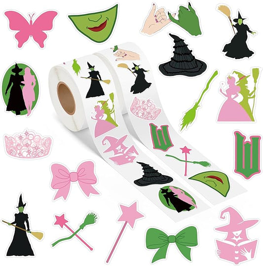 1000Pcs Witch Musical Stickers, Pink Crown Black Hat Green Broom Adhesive Decals for Kids Girls, Wicky Witch TV Movie Merchandise Party Decoration for Birthday Gifts Laptop Guitar Luggage