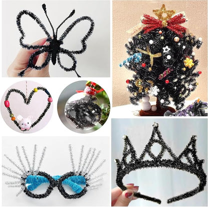 TOAOB 100pcs Christmas Glitter Pipe Cleaners Black Metallic Pipe Cleaners Craft Supplies 6mm x 12 Inch Chenille Stems Pipe Cleaners for Art DIY Crafts Decorations