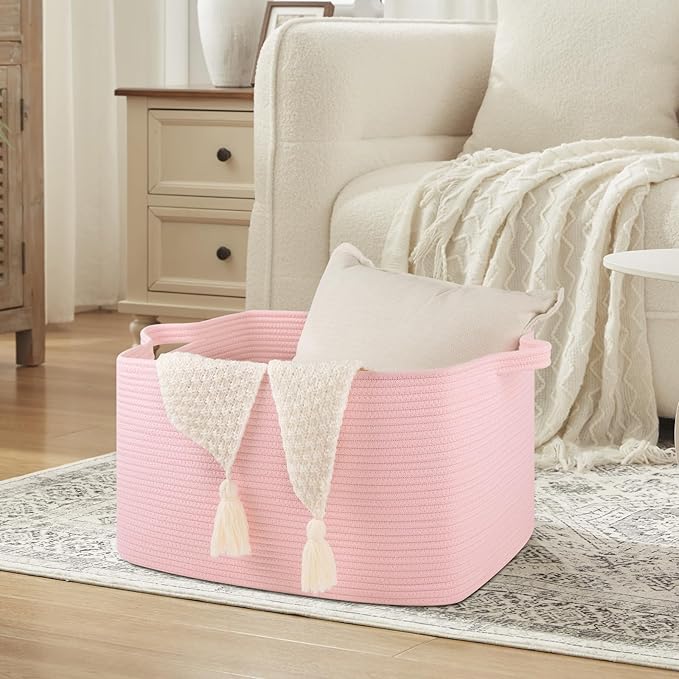OIASKET Large Blanket Basket, Blanket Storage Living Room, Rectangle Woven Baskets for Storage Toys, Towels, Dirty Clothes Organizer Bins (Pink)