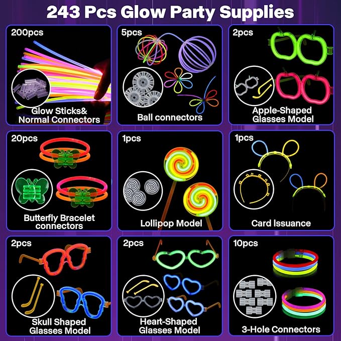 Glow in the Dark Party Supplies,243pcs Glow Party Favors Light Up Toys with Glasses Hair Clips Rave Accessories,100 Glow Sticks Bulk,for Glow Party Raves Birthday