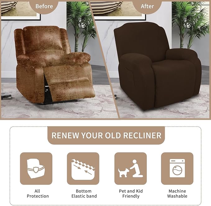 JIVINER 4-Piece Recliner Chair Covers Stretch Jacquard Chair Covers for Recliner Chair Recliner Slipcovers for Living Room Soft Recliner Protector with Pocket (Recliner,Dark Coffee)