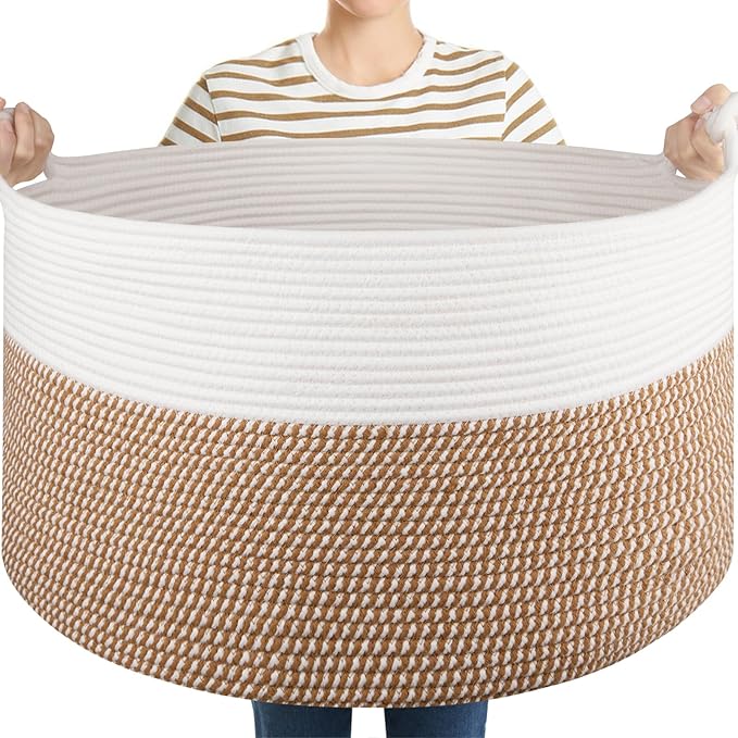 OIASKET Large Blanket Storage Basket for Living Room, 22.8" x 22.8" x 13" Woven Cotton Rope Basket with Handles, Baby Toy Storage, Laundry Hamper for Clothes, Pillows, Towels-Yellow and White