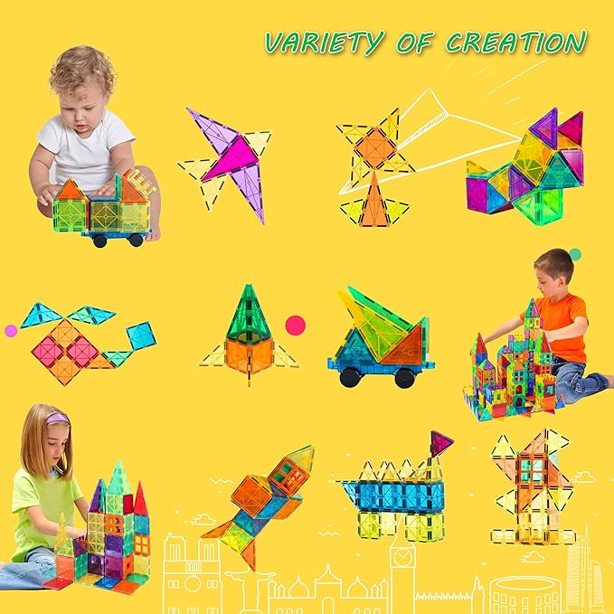 Bmag Magnetic Tiles, 100PCS Magnet Building Blocks for Kids, Stacking Building Set for Boys Girls, STEM Preschool Educational Learning Construction Toy with 2 Cars