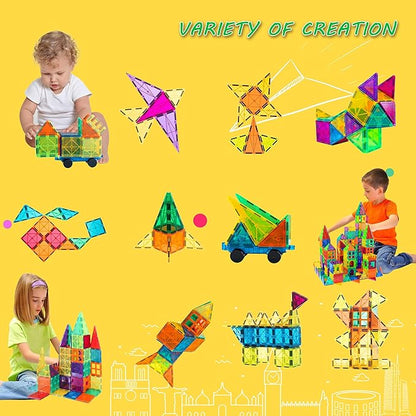 Bmag Magnetic Tiles, 100PCS Magnet Building Blocks for Kids, Stacking Building Set for Boys Girls, STEM Preschool Educational Learning Construction Toy with 2 Cars