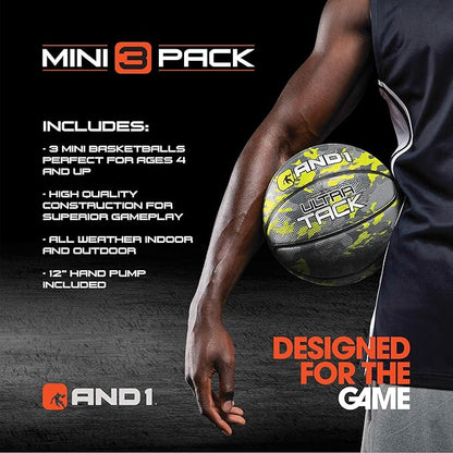 AND1 Mini Basketball 3 Pack Set for Kids (Deflated w/Pump Included): - Size 3 7-Inch Premium Youth Size Basketballs, Easy to Grip
