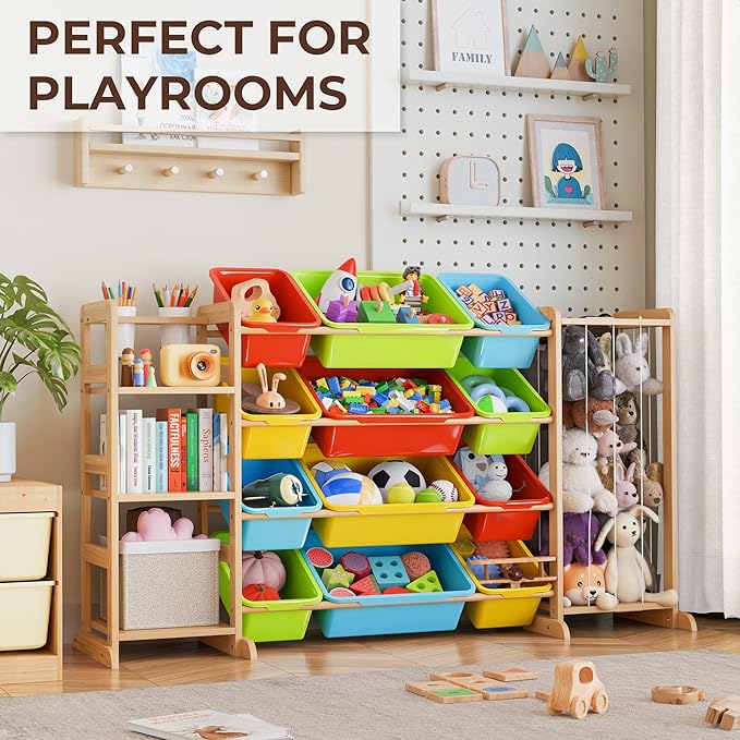 mirolam Storage Organizer with Bookshelf and Stuffed Animal Storage - Playroom Organization with Shelves and 12 Bins - Living Room Box for Lego - Bedroom Decor Essentials
