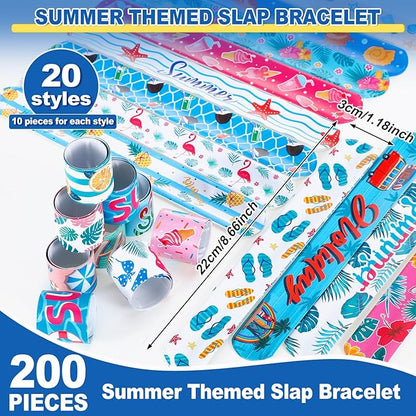200 Pcs Summer Slap Bracelets Bulk Hawaiian Theme Slap Bracelets Beach Ocean Theme Snap Wristband Tropical Luau Party Favors for Birthday Classroom Prizes Exchanging Gifts