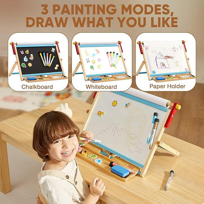 FUNLIO Anti-Warping Tabletop Easel for Kids Ages 3+ (100+ Pcs), Wooden Double-Sided Magnetic Table Easel with 3 Adjustable Angles, Kids Easel with Whiteboard, Chalkboard & Paper Roll, Foldable - Blue