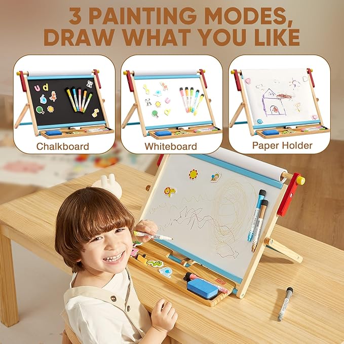 FUNLIO Anti-Warping Tabletop Easel for Kids Ages 3+ (100+ Pcs), Wooden Double-Sided Magnetic Table Easel with 3 Adjustable Angles, Kids Easel with Whiteboard, Chalkboard & Paper Roll, Foldable - Blue