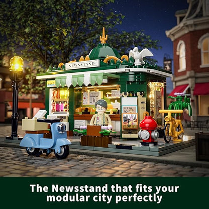 FUNWHOLE Newsstand Lighting Building Bricks Set - City Town Life Newsstand LED Light Construction Building Model Set 556 Pcs for Adults and Teen