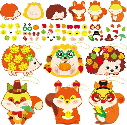 Qyeahkj 36 Sets Fall DIY Art Craft Kits Hedgehog Squirrel Ornaments Art Sets Fall Leaf Stickers Arts and Crafts Bulk for Kids Thanksgiving Classroom Activities Party Decorations