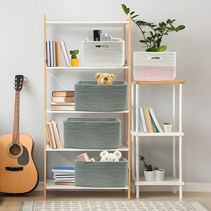 COMFY-HOMI Cotton Rope Woven Basket with Handles for Shelves,Toys,Book, Cloth Storage Baskets for Organizing-17" x 13" x 7.5" Toy Decorative Organizer for Living Room, Bathroom （Green）