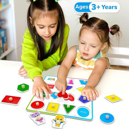 Lucas & Friends Wooden Toys, Peg Puzzle Toddler Toys, Educational Wooden Puzzles for Montessori and Preschool Kids, Shapes Puzzle Board for Ages 3 4 5 6 Years Old Boys and Girls As Gifts