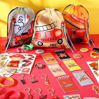144 Pcs Firefighter Party Favors Fireman Themed Party Supplies Firemen Truck DIY Stickers Drawstring Bags Mini Notepads Silicone Wristbands Bracelets Keychain Button Pins Flexible Soft Pencil