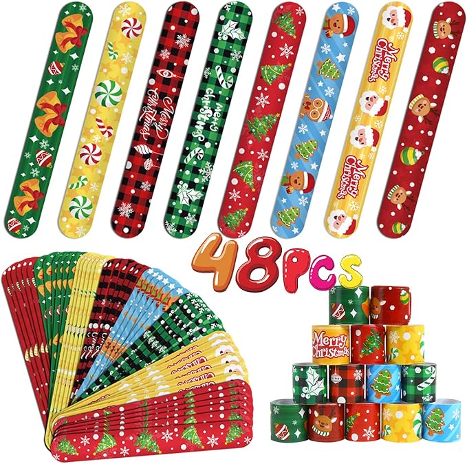 FOIMAS 48pcs Christmas Slap Bracelets,Xmas Santa Reindeer Snap Bracelet Wristband for Kids Christmas Stocking Stuffer Bag Filler Party Favor Supply